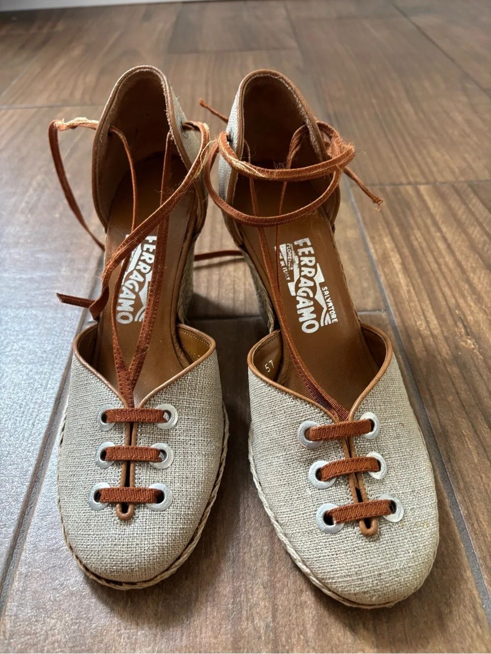 Salvatore Ferragamo Jute Fabric and Leather Espadrille Wedge Pumps Size 8